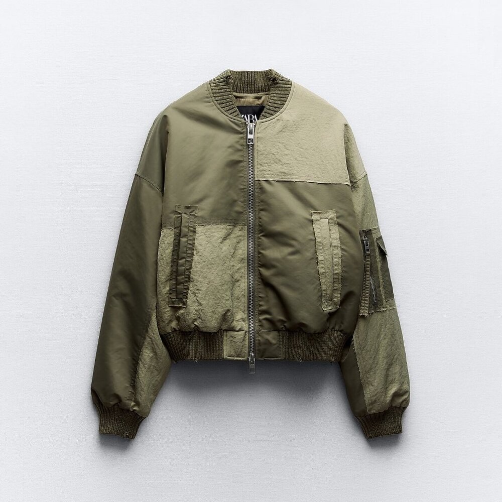 ZARA Water Repellant Patchwork Bomber Jacket Green Oversized Size Medium Padded - Picture 2 of 13